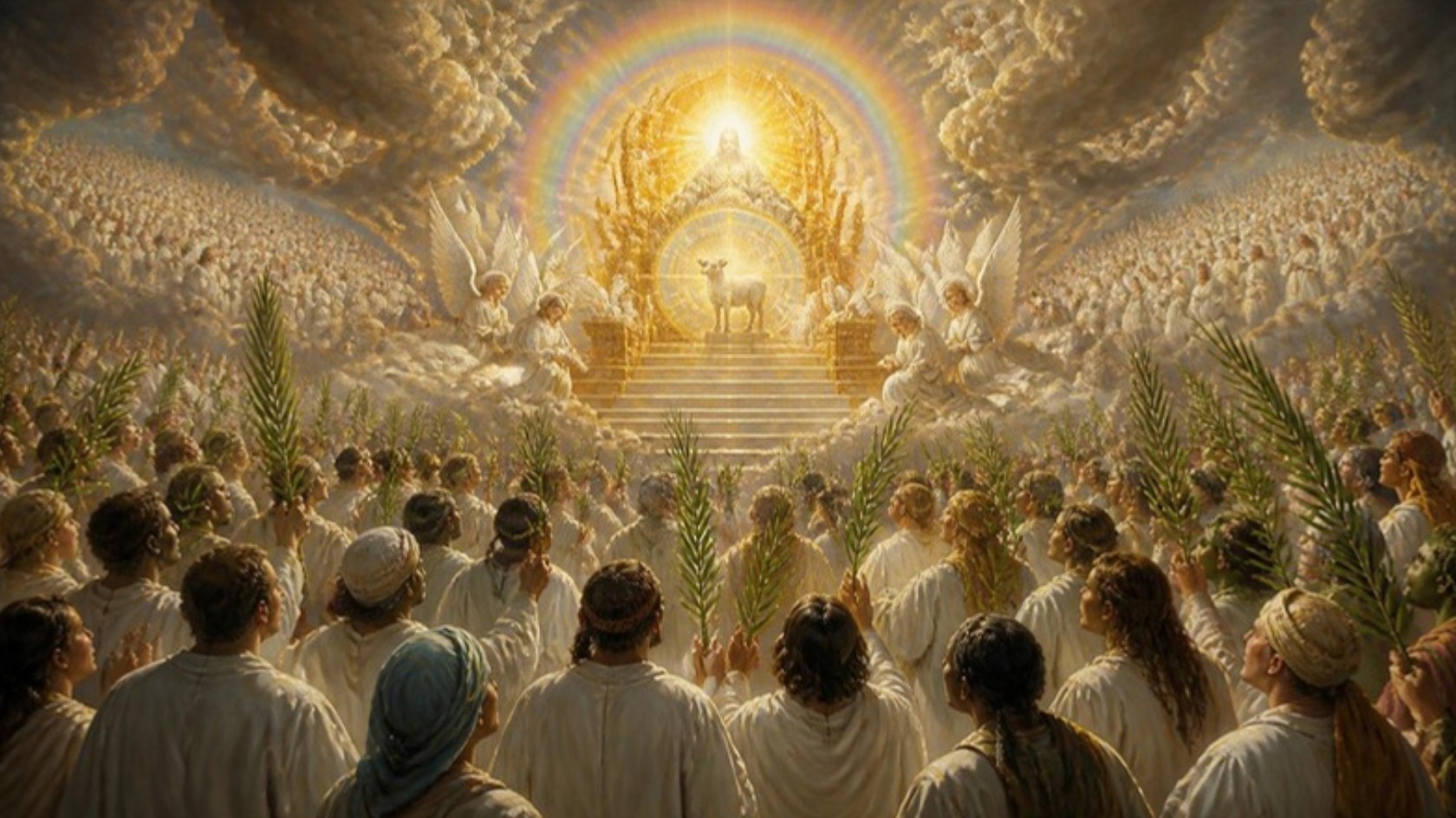 AI-generated illustration: a great multitude from every nation, robed in white and holding palm branches, worships before the throne and the Lamb as angels bow beneath a rainbow of light. Classical sacred-art style.