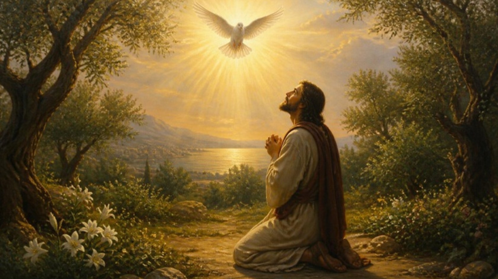 AI-generated illustration: a man kneels in prayer in a garden at dawn as the dove of the Spirit descends in golden light over a waiting creation. Classical sacred-art style.