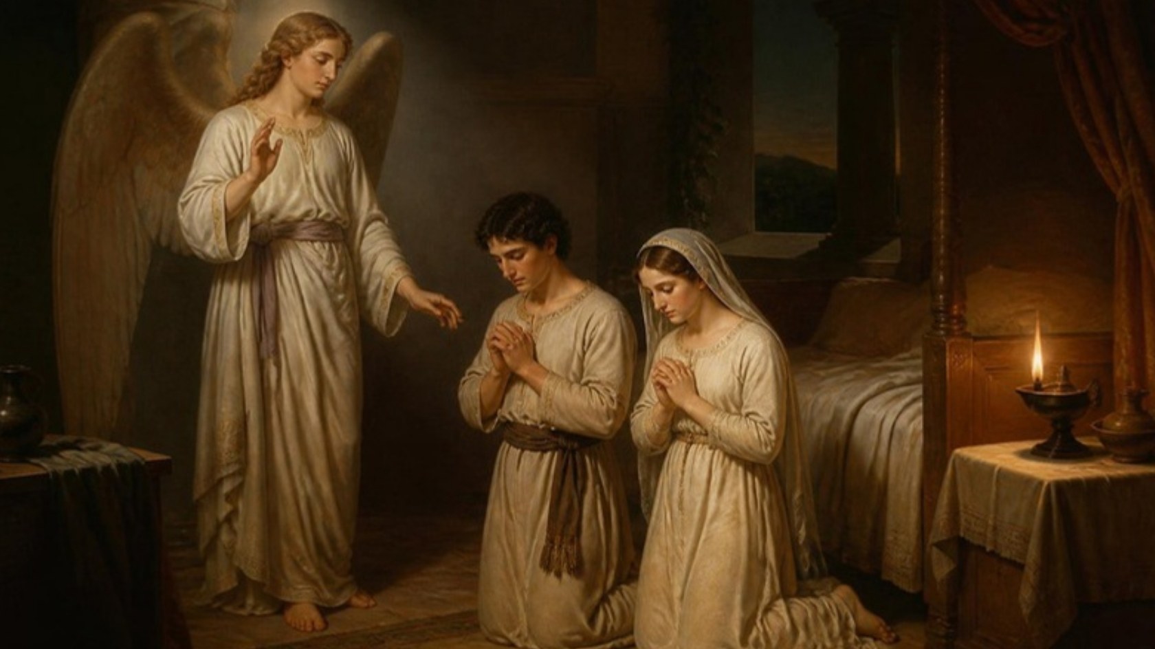 AI-generated illustration: Tobias and Sarah, modestly dressed, kneel in prayer on their wedding night as the Archangel Raphael stands by. Classical sacred-art style.