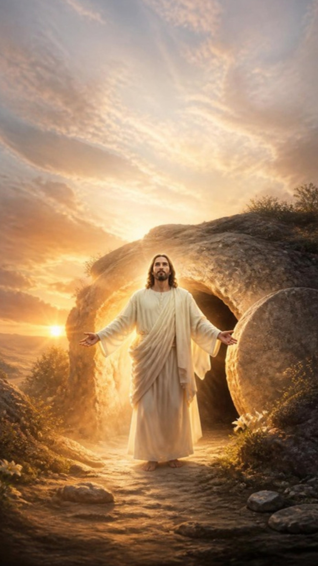 AI-generated illustration: the risen Christ stands before the open rock tomb at sunrise with arms open, the great stone rolled aside. Classical sacred-art style.