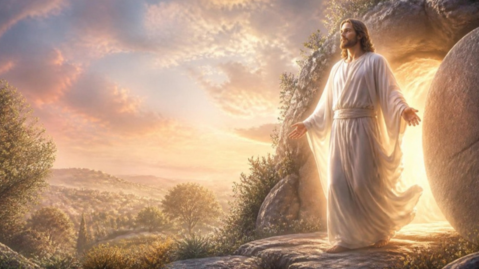 AI-generated illustration: the risen Christ in radiant white steps out of the rock tomb at dawn, the stone rolled away, light pouring from the cave. Classical sacred-art style.