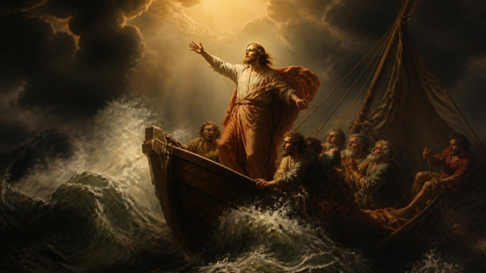AI-generated illustration: Jesus stands in a fishing boat and calms the storm as light breaks through. Classical sacred-art style.