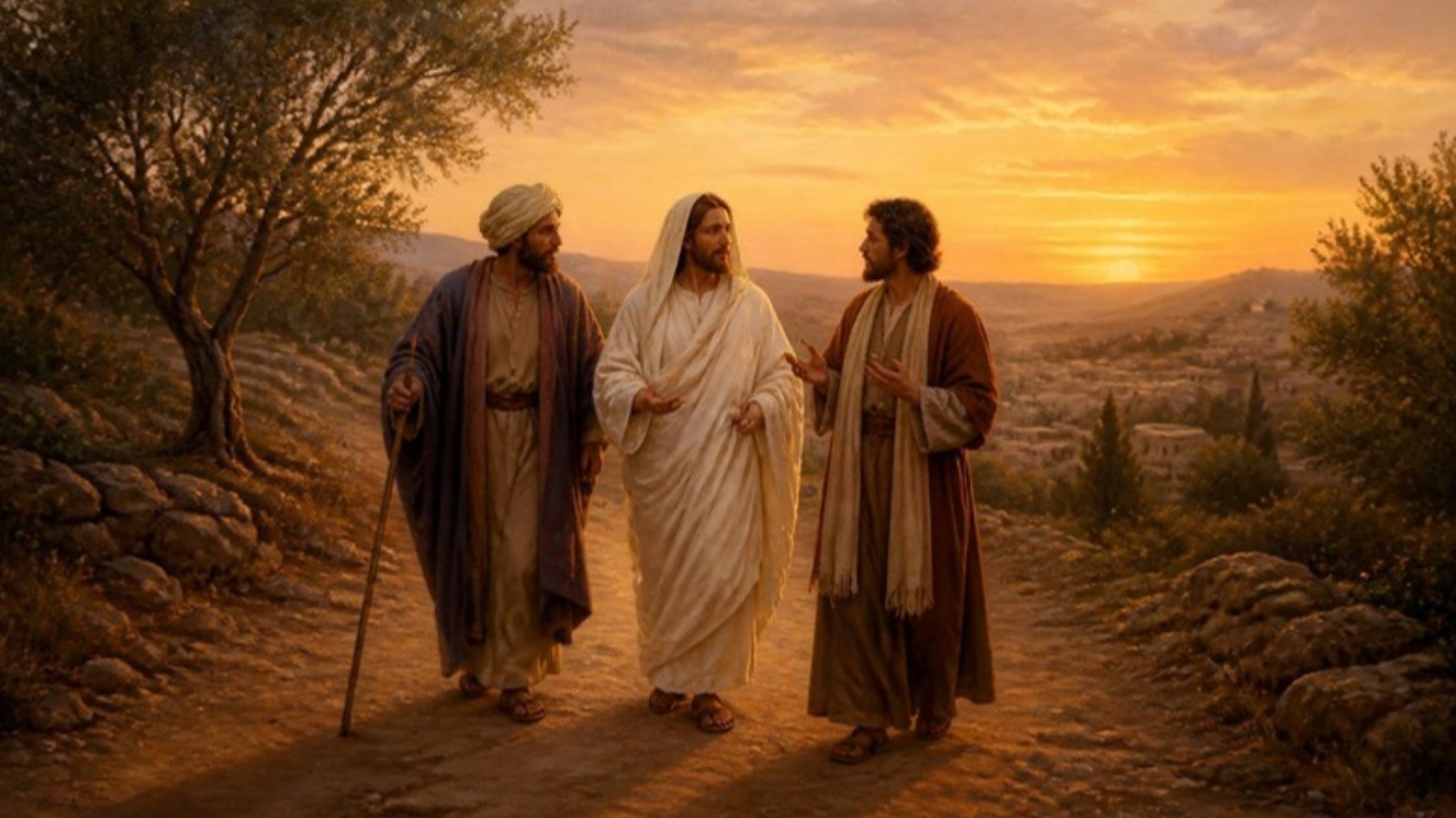 AI-generated illustration: the risen Jesus walks with two disciples on the road at sunset. Classical sacred-art style.