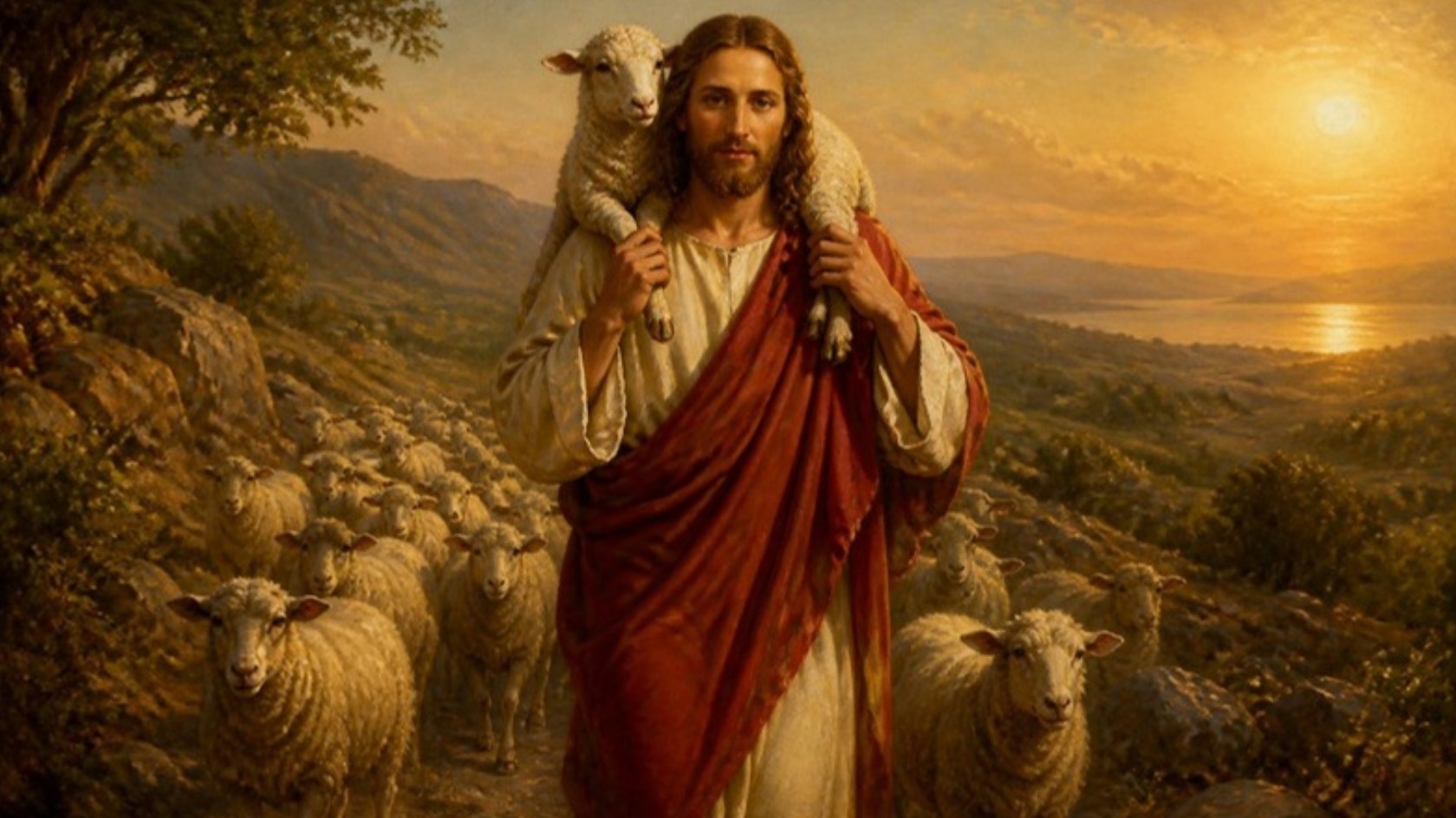 AI-generated illustration: Jesus carries a lamb on his shoulders across sunlit hills, his flock following. Classical sacred-art style.