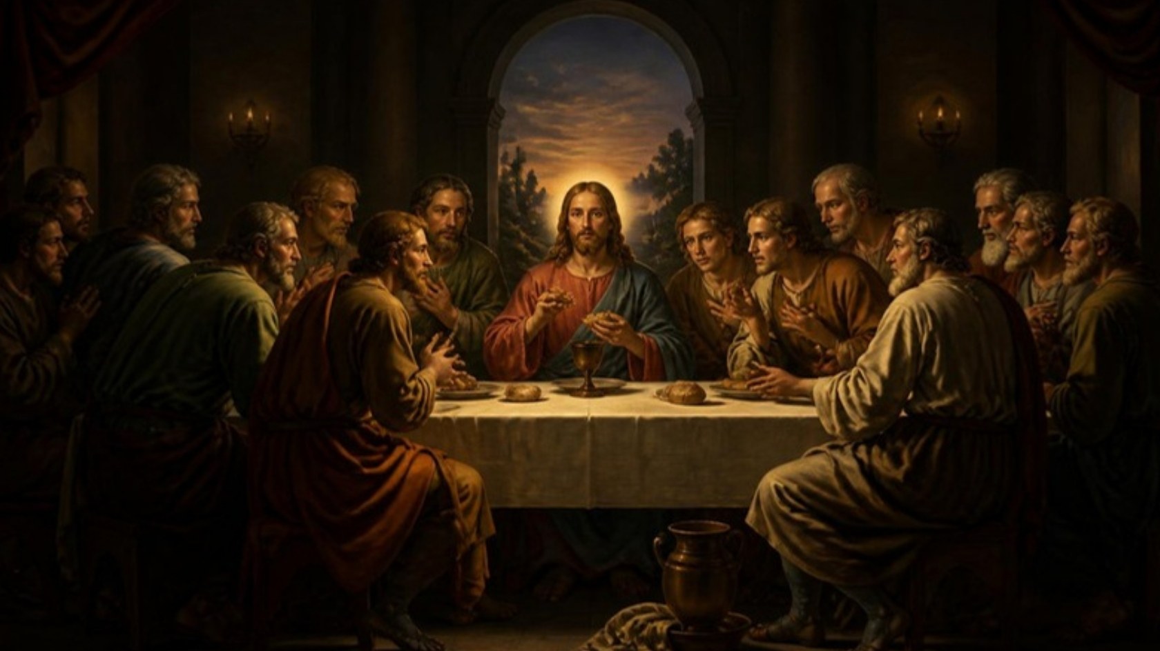 AI-generated illustration: Jesus blesses bread and a chalice at table with the twelve apostles. Classical sacred-art style.