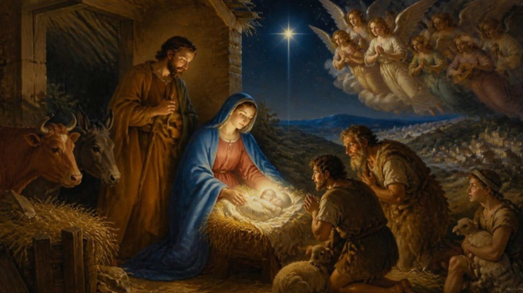 AI-generated illustration: Mary and Joseph with the Child in the manger, shepherds kneeling and angels under the star. Classical sacred-art style.