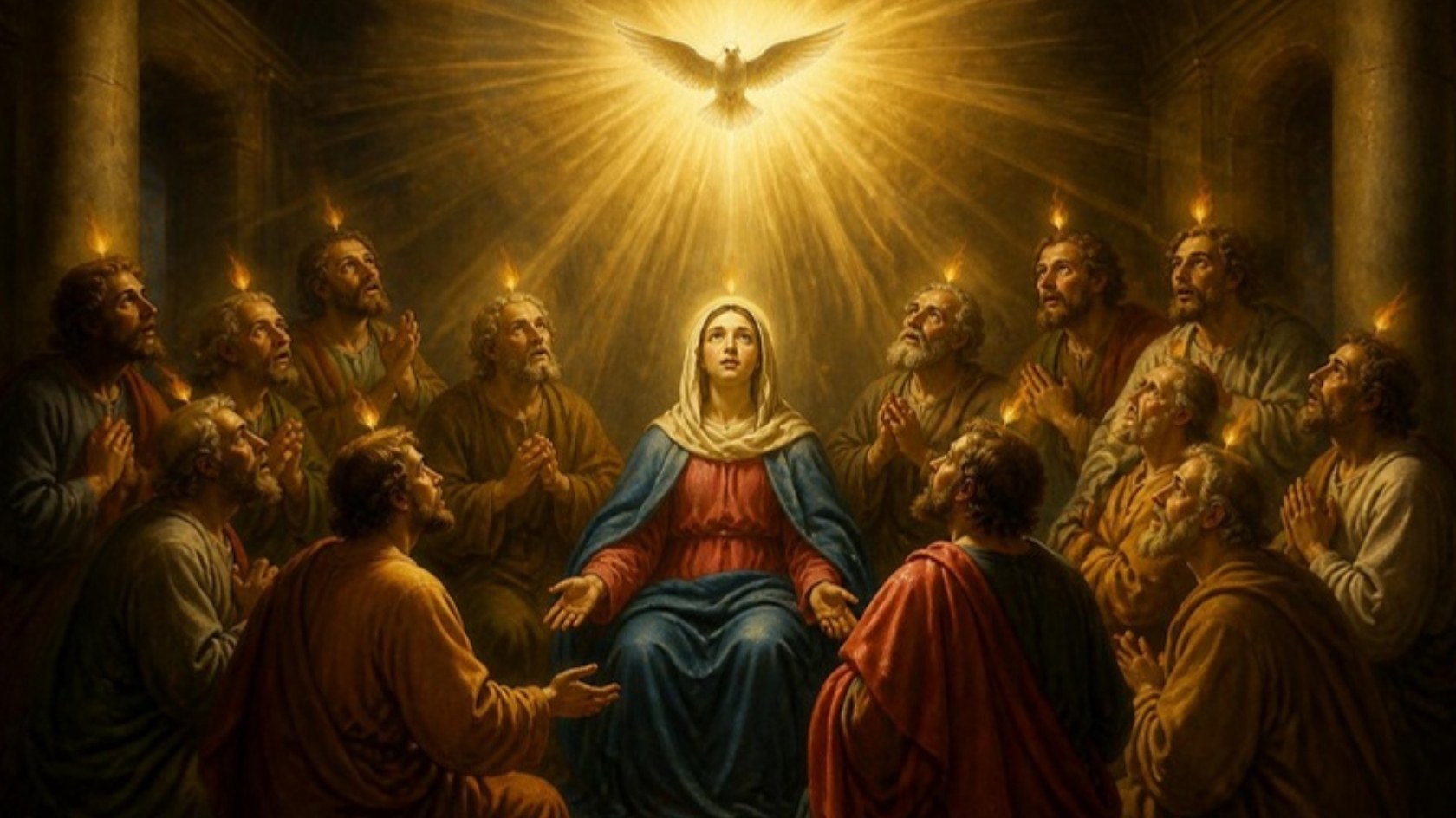 AI-generated illustration: Mary and the apostles in the upper room with tongues of fire and the Spirit as a dove. Classical sacred-art style.