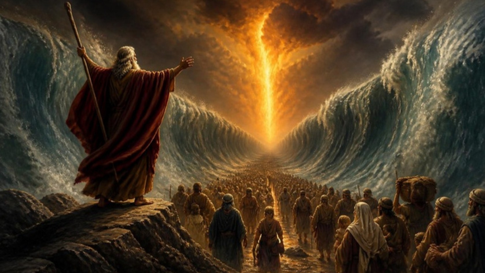 AI-generated illustration: Moses raises his staff as walls of water part and the people cross on dry ground. Classical sacred-art style.