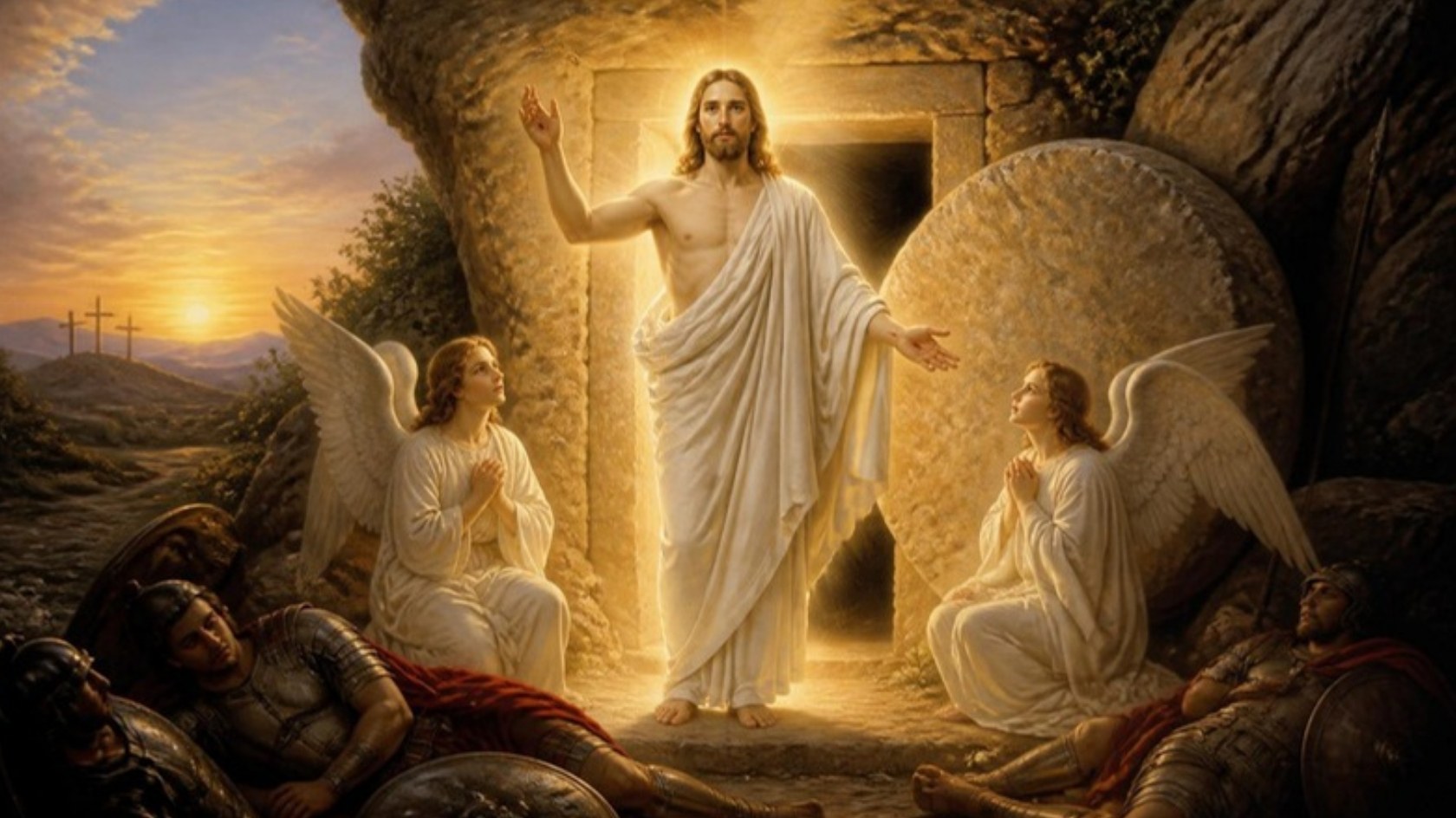 AI-generated illustration: the risen Christ in radiant white before the open tomb at dawn, with two angels and sleeping guards. Classical sacred-art style.