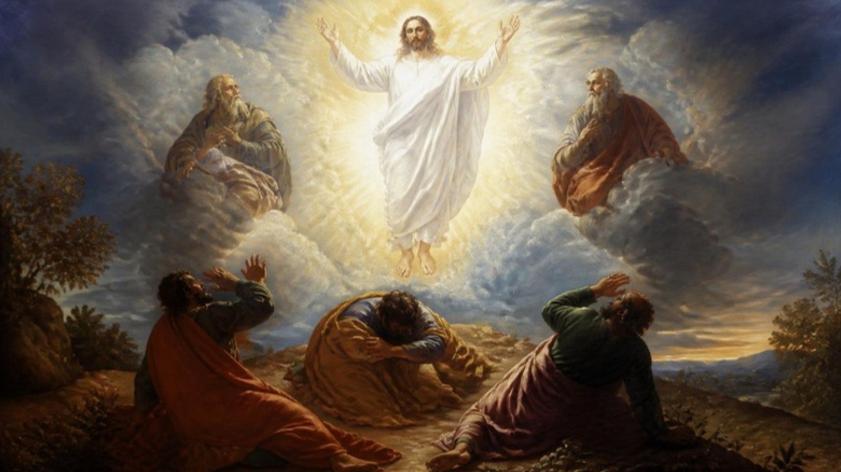 AI-generated illustration: Christ shines in white between Moses and Elijah as three apostles fall to the ground. Classical sacred-art style.