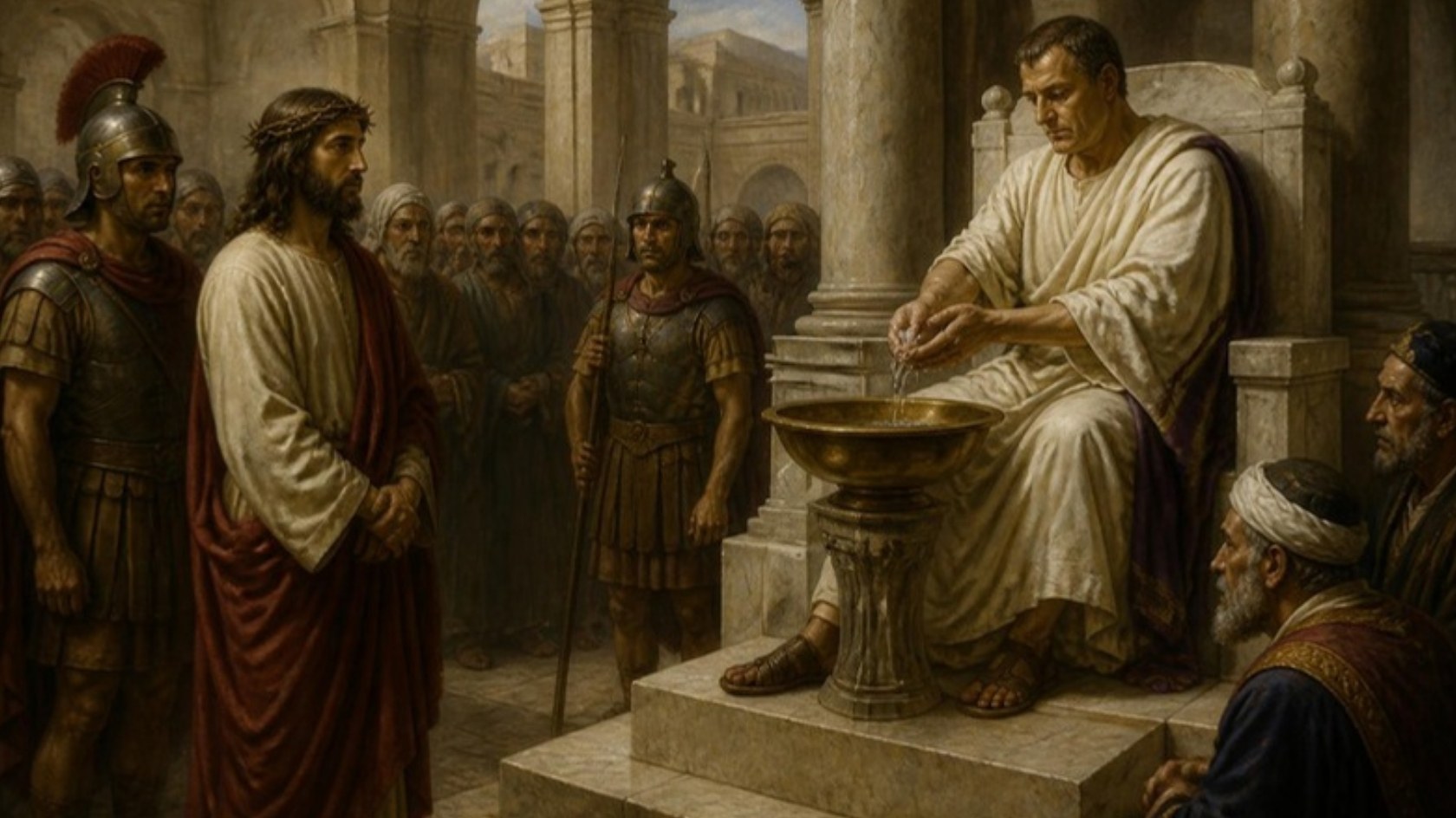 AI-generated illustration: Station 1: Jesus, crowned with thorns, stands silent before Pilate, who washes his hands in a stone courtyard. Classical sacred-art style.