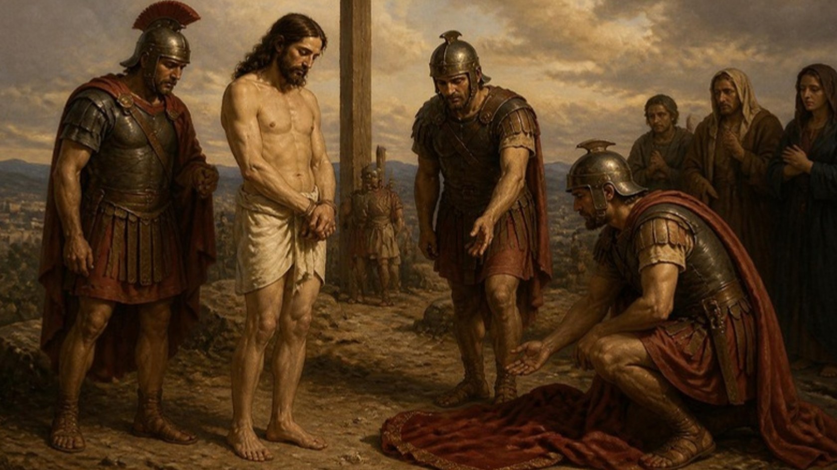 AI-generated illustration: Station 10: on Calvary, soldiers take the robe of Jesus, who stands with eyes lowered as they cast lots. Classical sacred-art style.