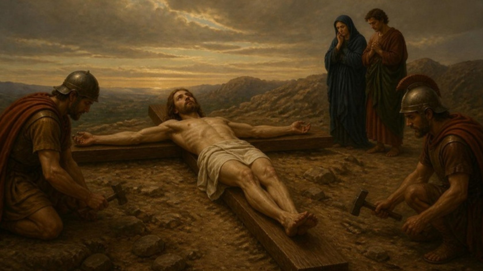 AI-generated illustration: Station 11: Jesus lies upon the cross on Calvary with arms outstretched as Mary and John pray nearby. Classical sacred-art style.