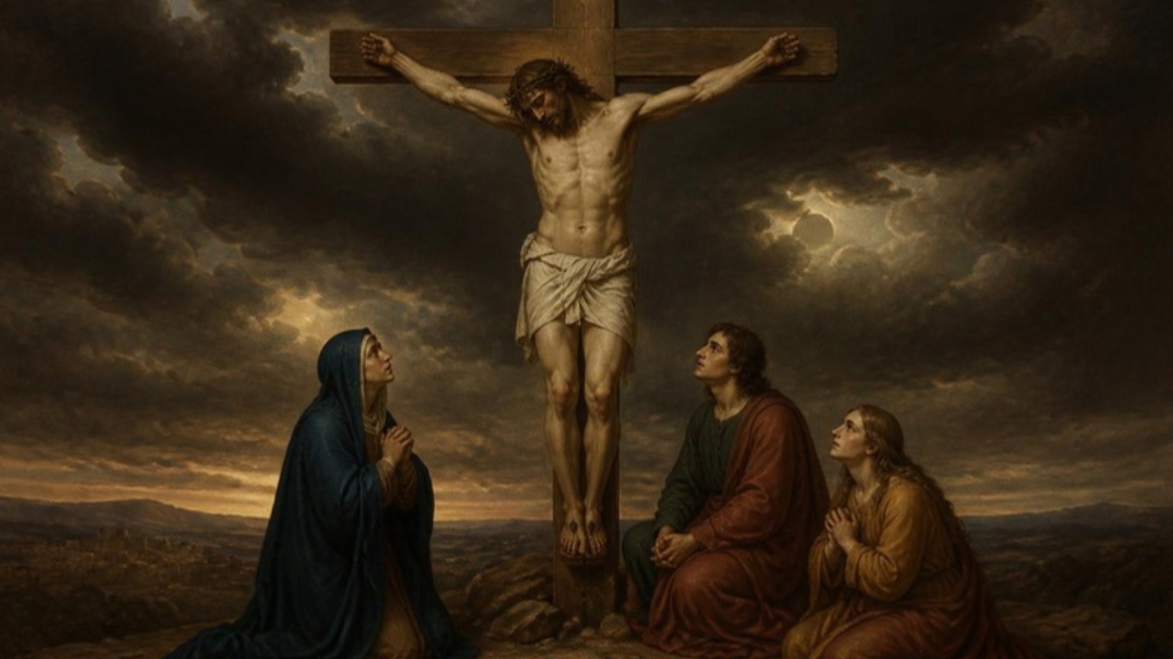AI-generated illustration: Station 12: Jesus dies on the cross beneath a darkened sky as Mary, John and Mary Magdalene kneel in prayer. Classical sacred-art style.