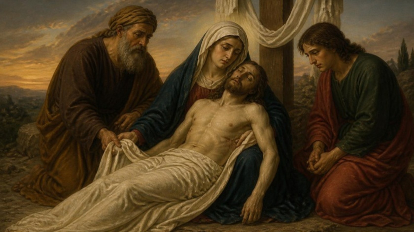 AI-generated illustration: Station 13: the body of Jesus, wrapped in linen, rests in the arms of his sorrowful Mother at the foot of the cross. Classical sacred-art style.