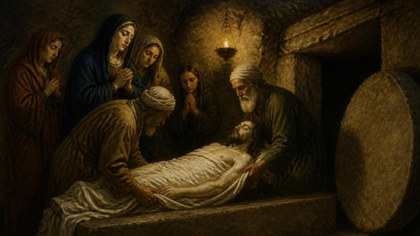 AI-generated illustration: Station 14: Joseph of Arimathea and Nicodemus lay the shrouded body of Jesus in the rock tomb by lamplight as the women pray. Classical sacred-art style.