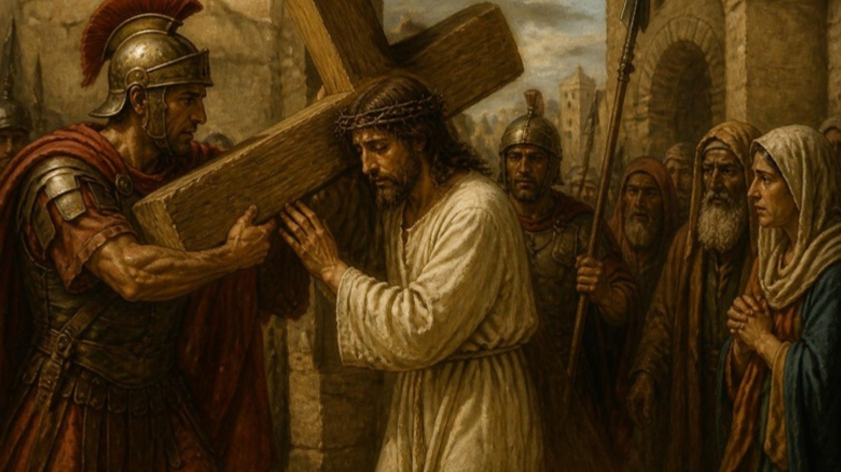 AI-generated illustration: Station 2: Jesus quietly takes the wooden cross upon his shoulder as soldiers and women look on. Classical sacred-art style.