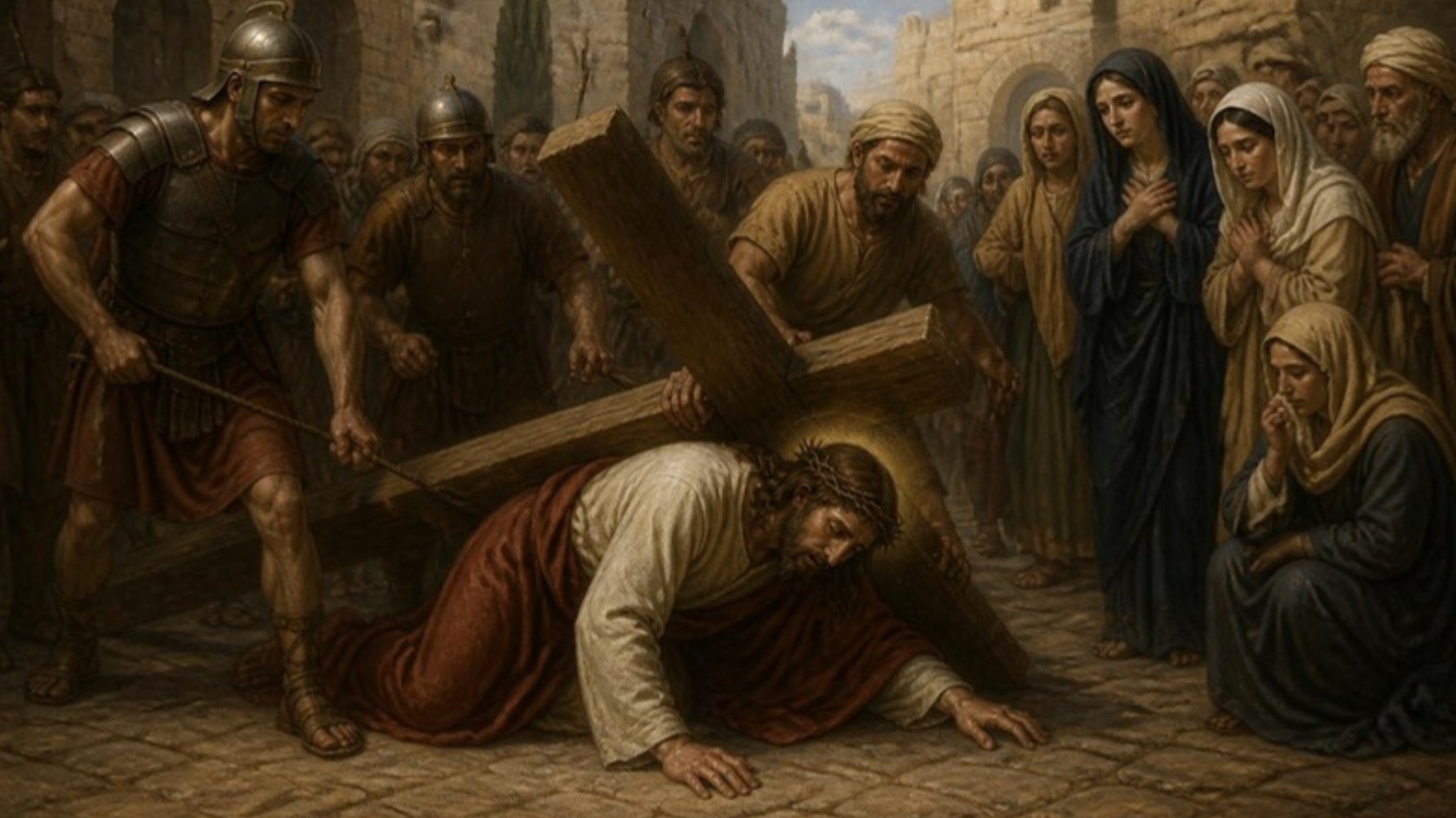 AI-generated illustration: Station 3: Jesus falls beneath the cross on a stone street as Mary and the women watch. Classical sacred-art style.