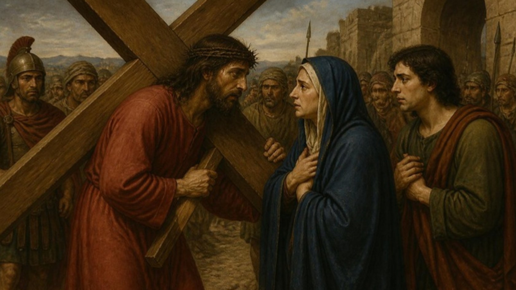 AI-generated illustration: Station 4: Jesus carrying the cross meets his Mother in a blue mantle, John at her side. Classical sacred-art style.