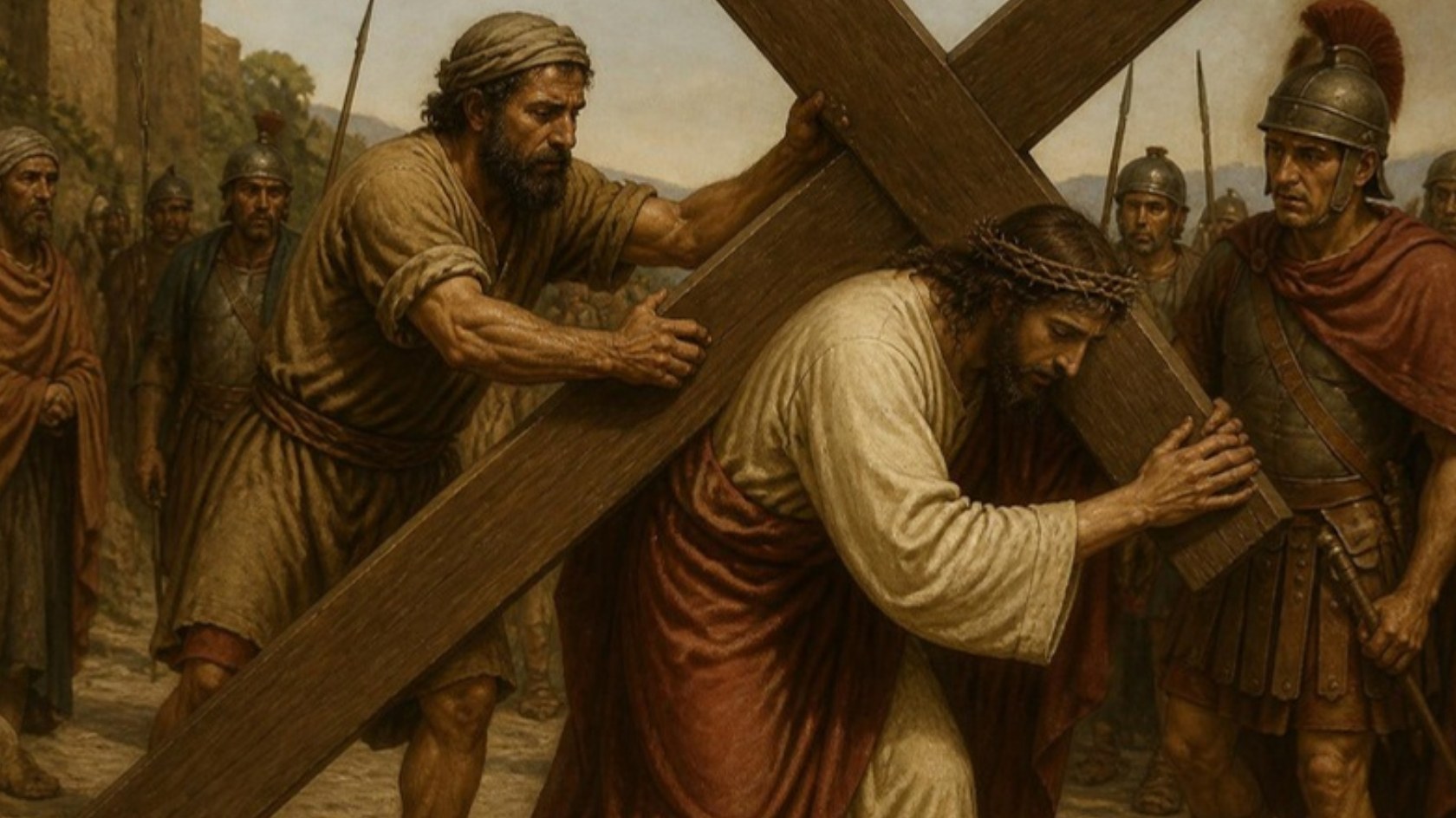 AI-generated illustration: Station 5: Simon of Cyrene lifts the cross to help Jesus along the road. Classical sacred-art style.