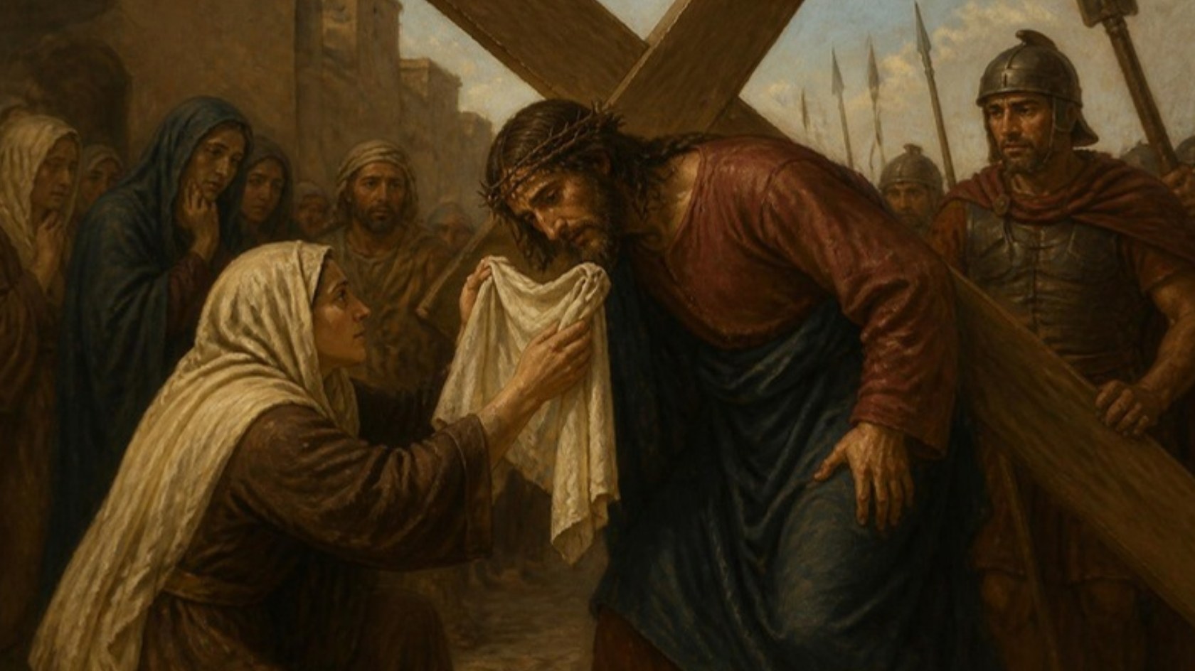 AI-generated illustration: Station 6: Veronica kneels and offers a white cloth to wipe the face of Jesus. Classical sacred-art style.