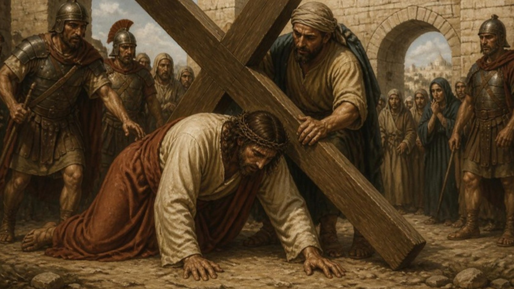 AI-generated illustration: Station 7: Jesus falls again beneath the cross near the city gate as Simon steadies it. Classical sacred-art style.