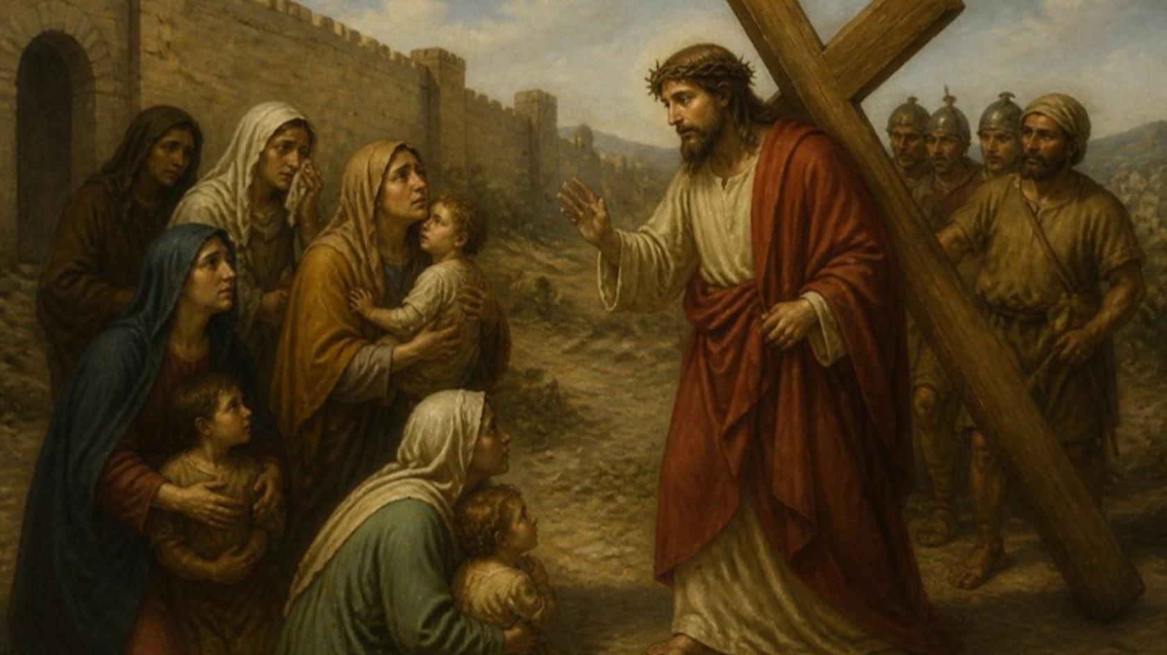 AI-generated illustration: Station 8: Jesus pauses with the cross to speak to the weeping women of Jerusalem and their children. Classical sacred-art style.