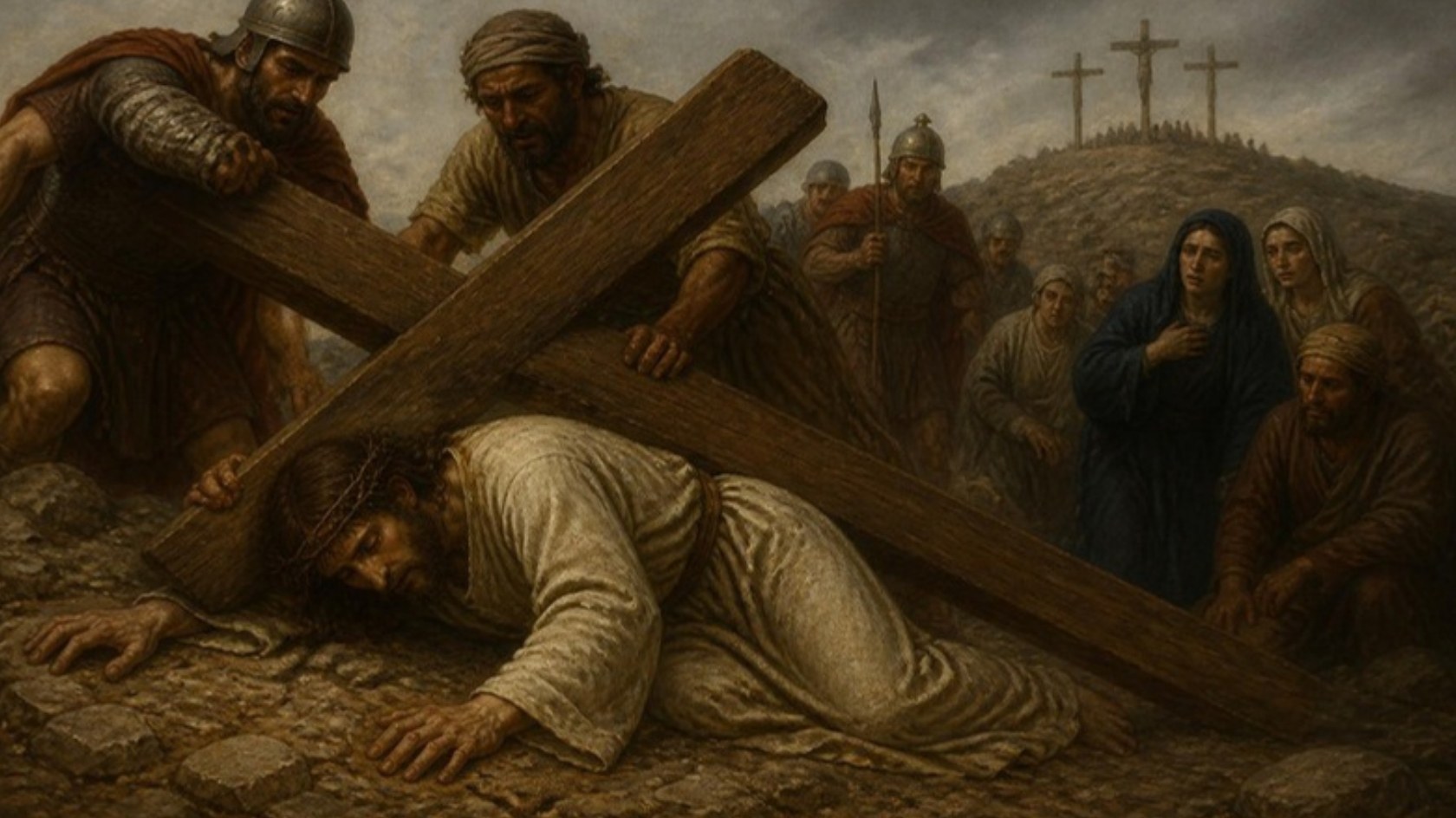 AI-generated illustration: Station 9: Jesus falls a third time on the slope of Calvary, the three crosses on the hill beyond. Classical sacred-art style.