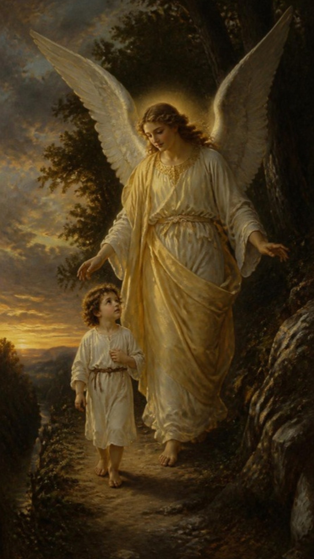 AI-generated illustration: a guardian angel gently guides a small child along a path at dusk. Classical sacred-art style.