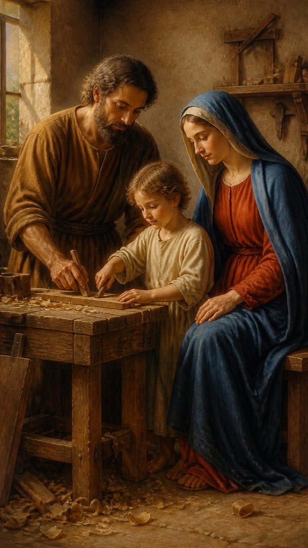 AI-generated illustration: Joseph, Mary and the child Jesus in the Nazareth workshop. Classical sacred-art style.