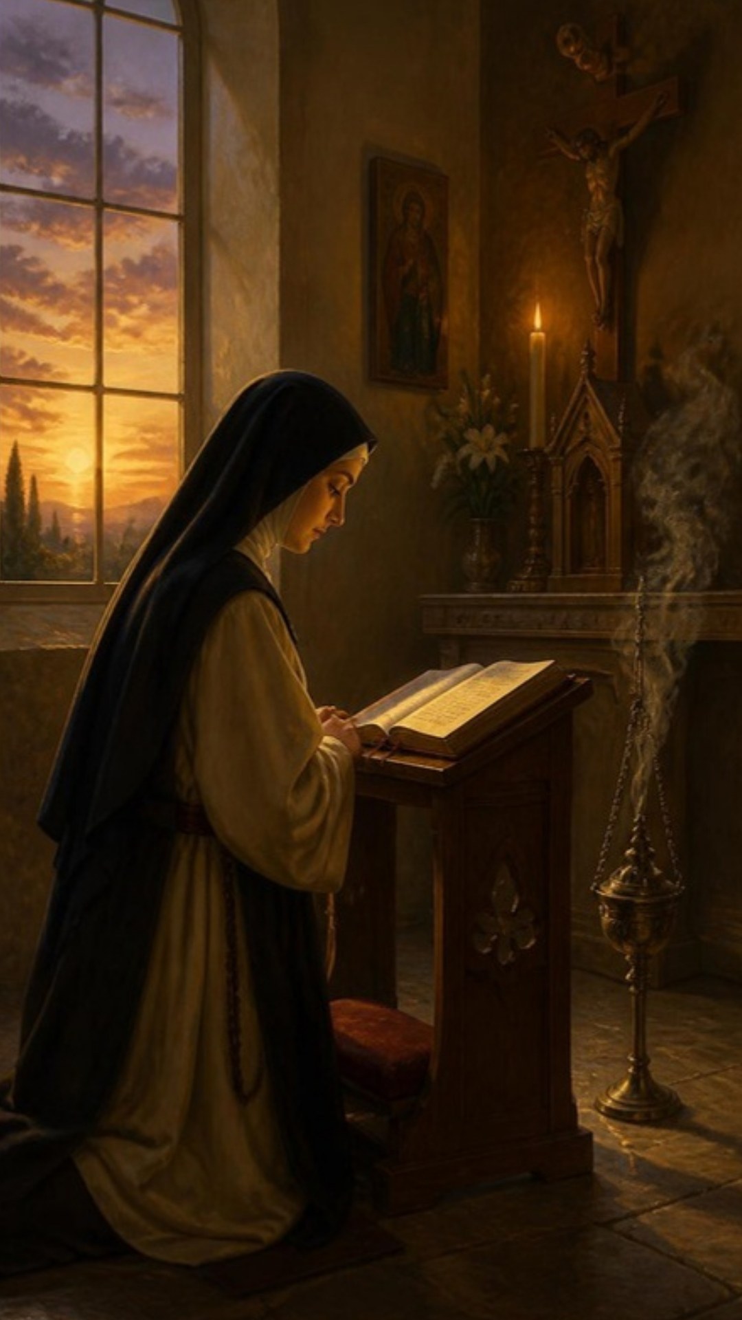 AI-generated illustration: a sister kneels at a prie-dieu with an open breviary for evening prayer as the sun sets through a tall chapel window and incense rises. Classical sacred-art style.