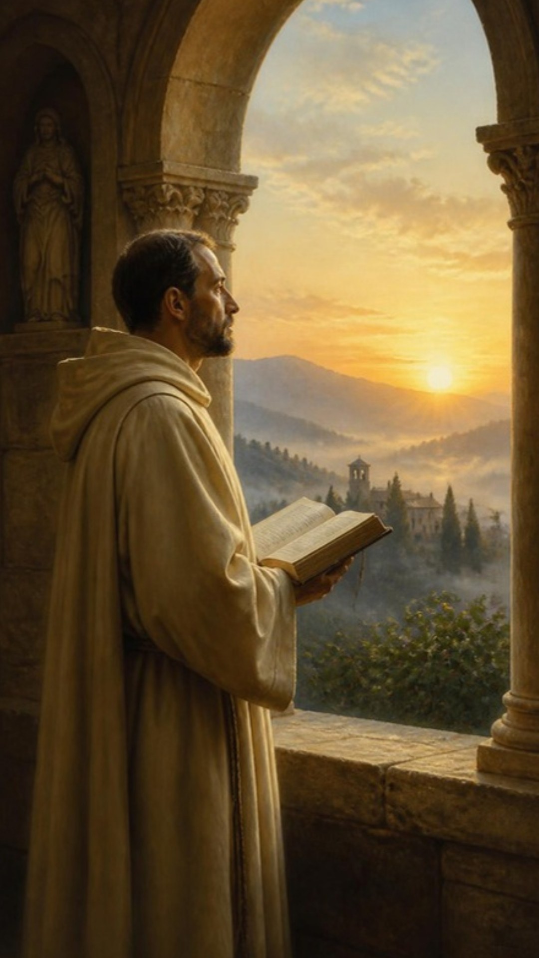 AI-generated illustration: a monk holding an open breviary prays morning prayer at a cloister window as the sun rises over misty hills. Classical sacred-art style.