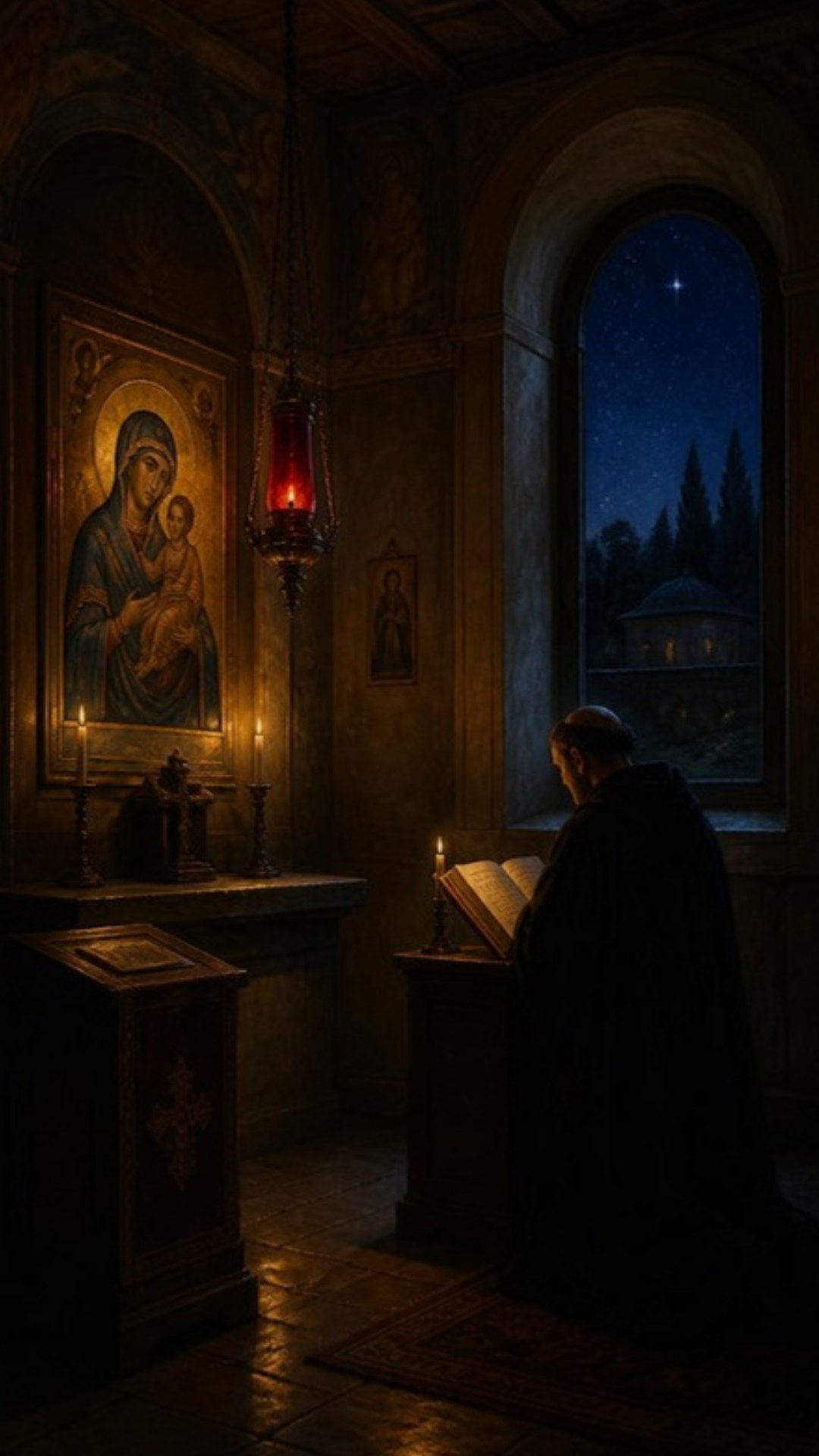 AI-generated illustration: a monk prays night prayer by candlelight beneath a red sanctuary lamp and an icon of the Virgin, stars in the arched window. Classical sacred-art style.