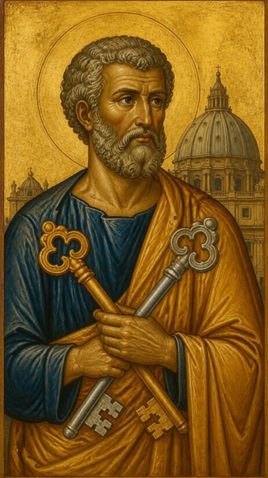 AI-generated illustration: an original icon-style painting of Saint Peter in blue and gold holding the crossed keys of the Kingdom before a basilica dome, on gold leaf. Classical sacred-art style.