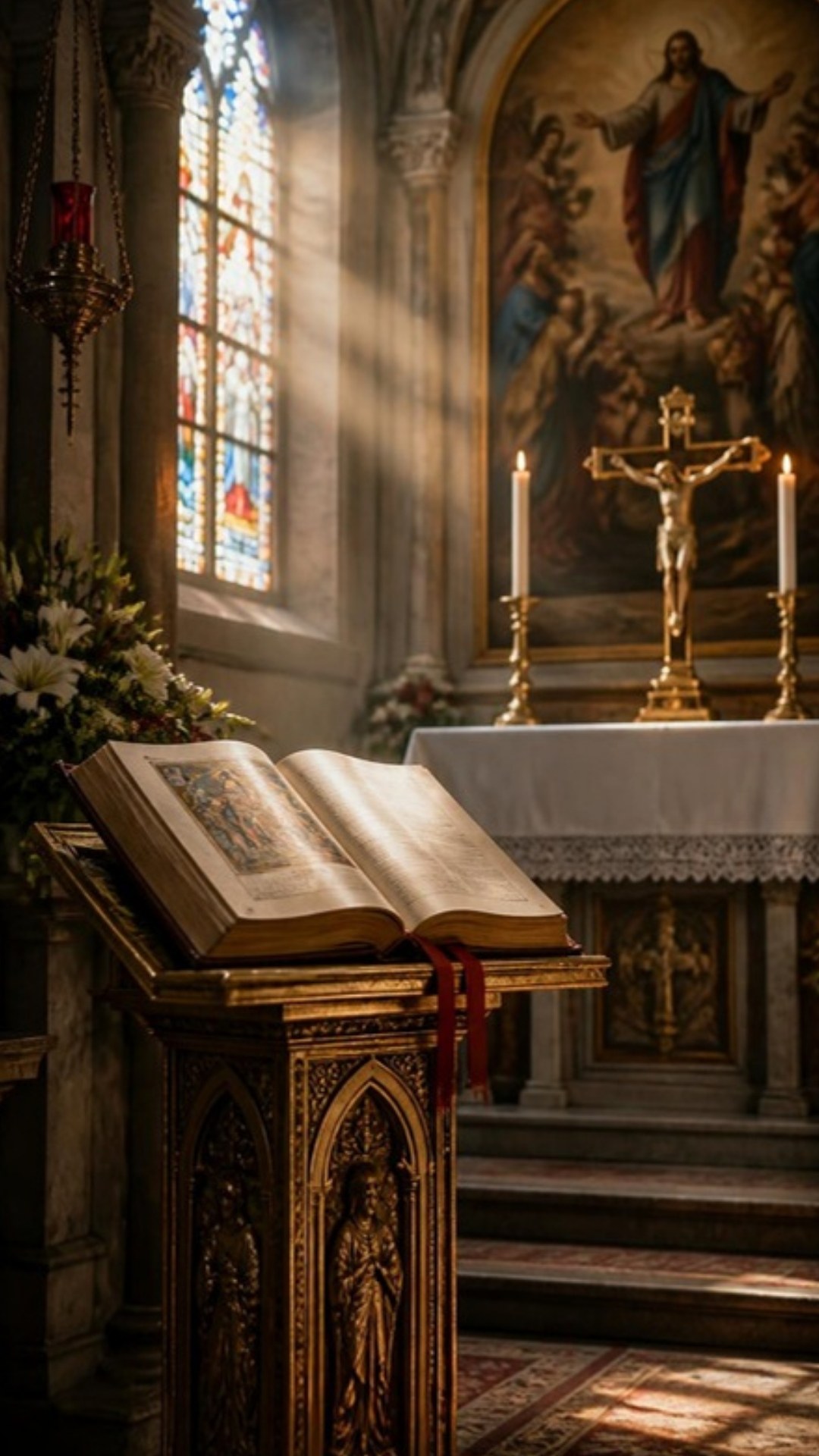 AI-generated illustration: an open Lectionary on a carved ambo before an altar with white linen, candles and a crucifix, morning light through stained glass. Classical sacred-art style.