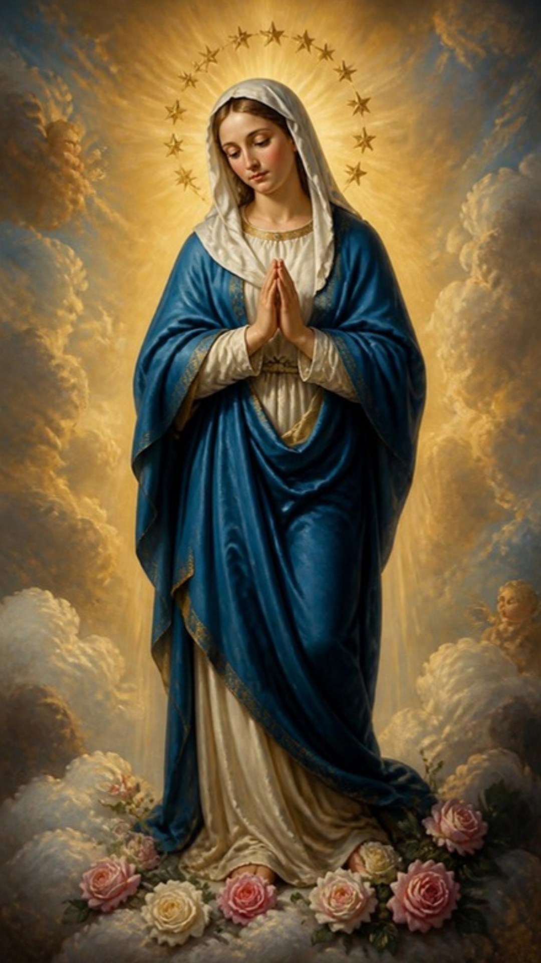 AI-generated illustration: Our Lady in a blue mantle crowned with twelve stars, hands joined in prayer, roses at her feet. Classical sacred-art style.