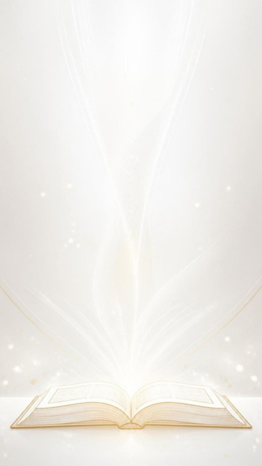 AI-generated illustration: an open Bible in gold line art with silver light rising from its pages on pearl white. Minimalist design.