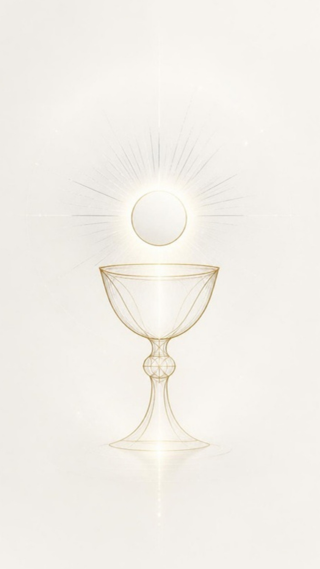 AI-generated illustration: a gold line-art chalice with a radiant host above it on pearl white. Minimalist design.