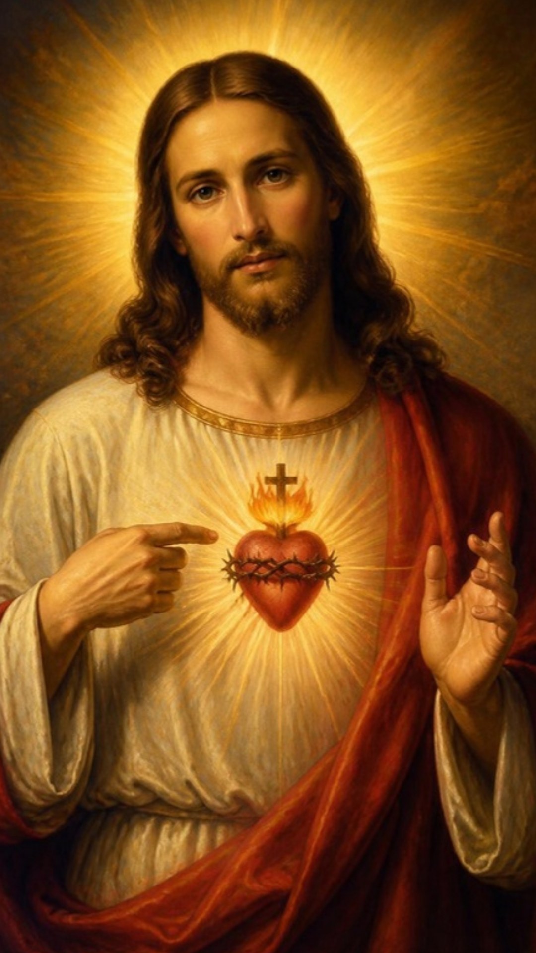 AI-generated illustration: Christ points to his radiant heart crowned with thorns and flame. Classical sacred-art style.