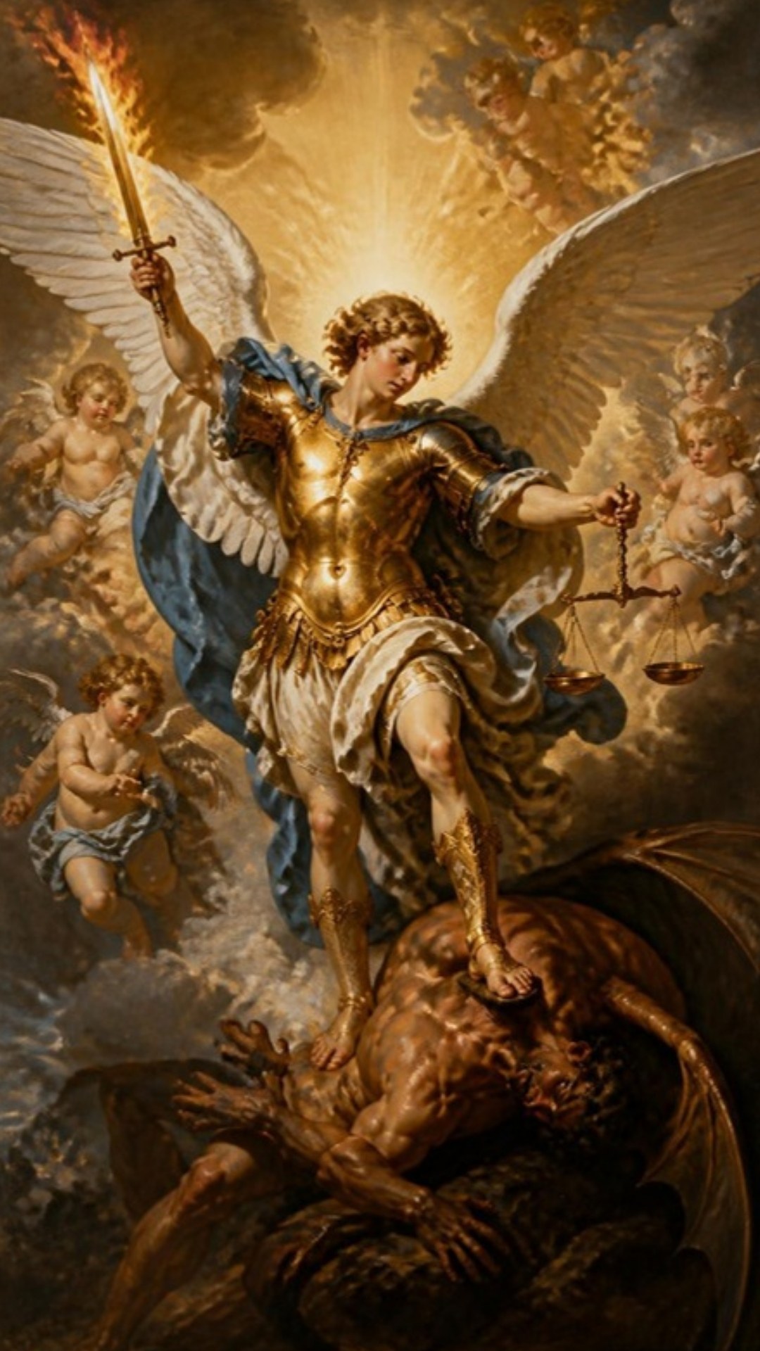 AI-generated illustration: Saint Michael the Archangel in golden armor with sword and scales, victorious in the clouds. Classical sacred-art style.