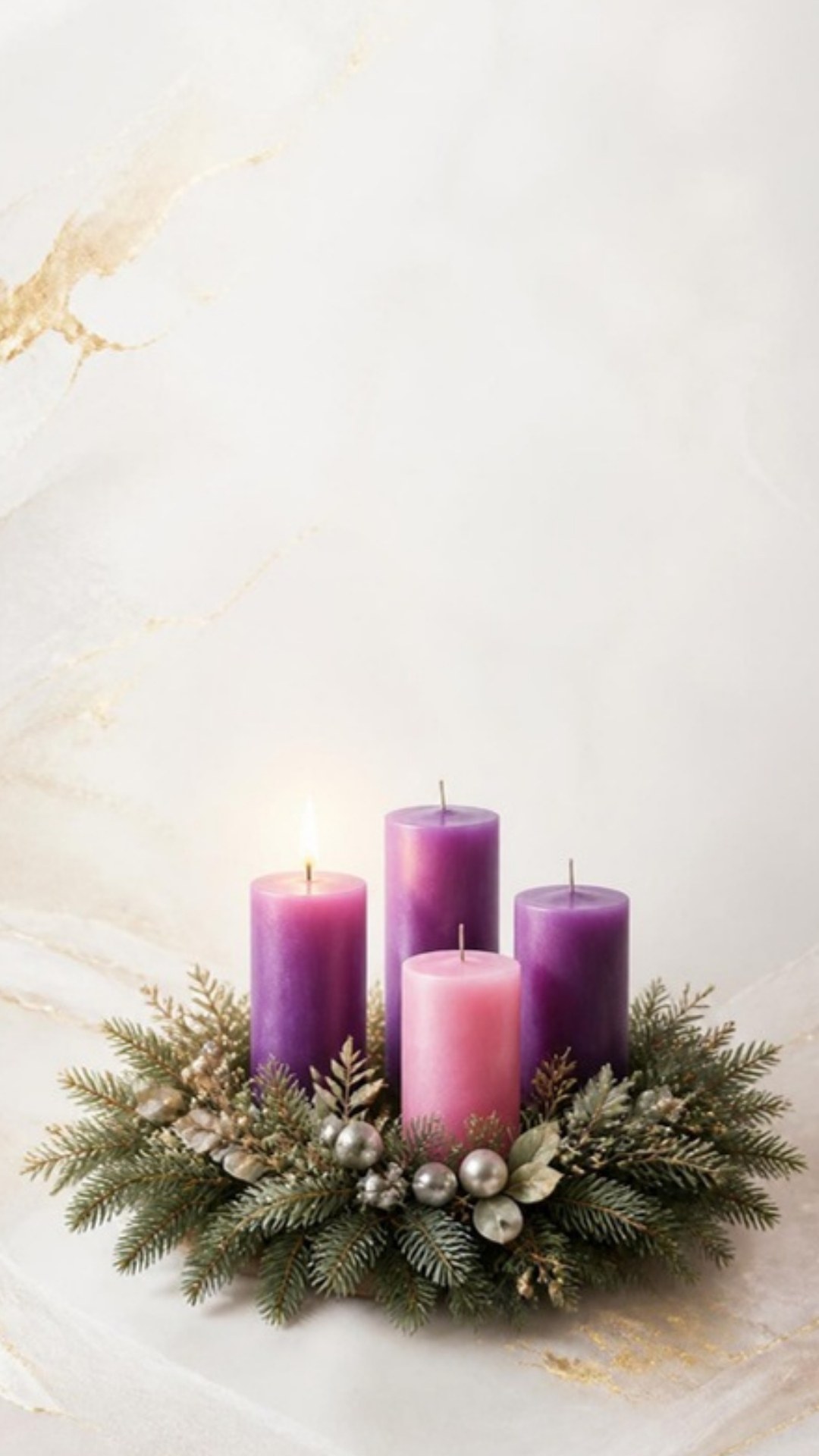 AI-generated illustration: an Advent wreath of evergreen with three violet candles and one rose candle, one candle lit, on pearl white. Minimalist design.