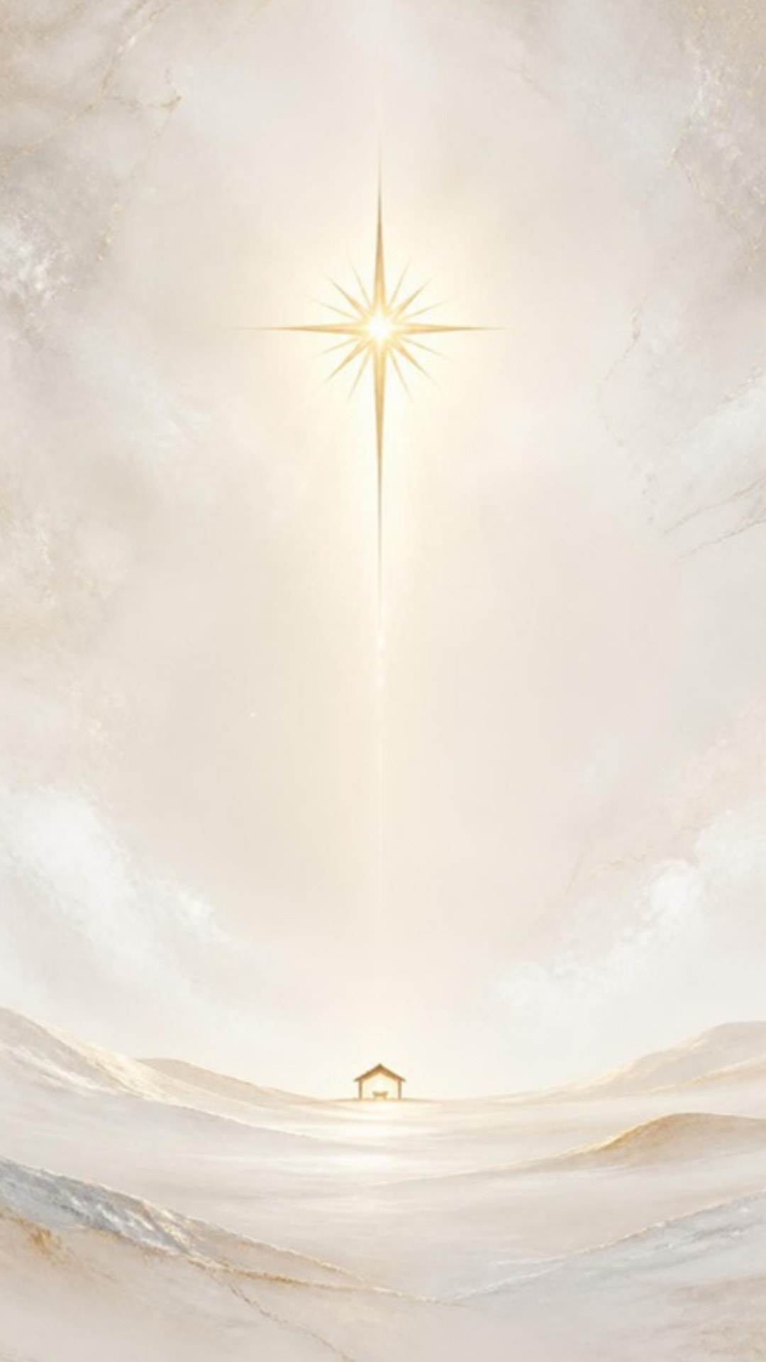AI-generated illustration: a radiant golden star shining above a tiny distant stable on a pearl-white landscape. Minimalist design.