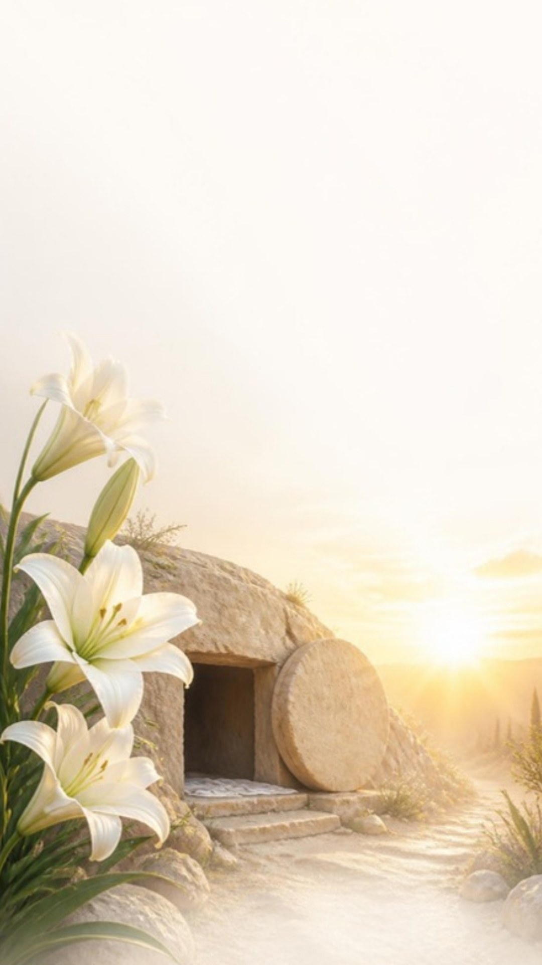 AI-generated illustration: white Easter lilies beside the empty tomb with the stone rolled away at sunrise. Minimalist design.