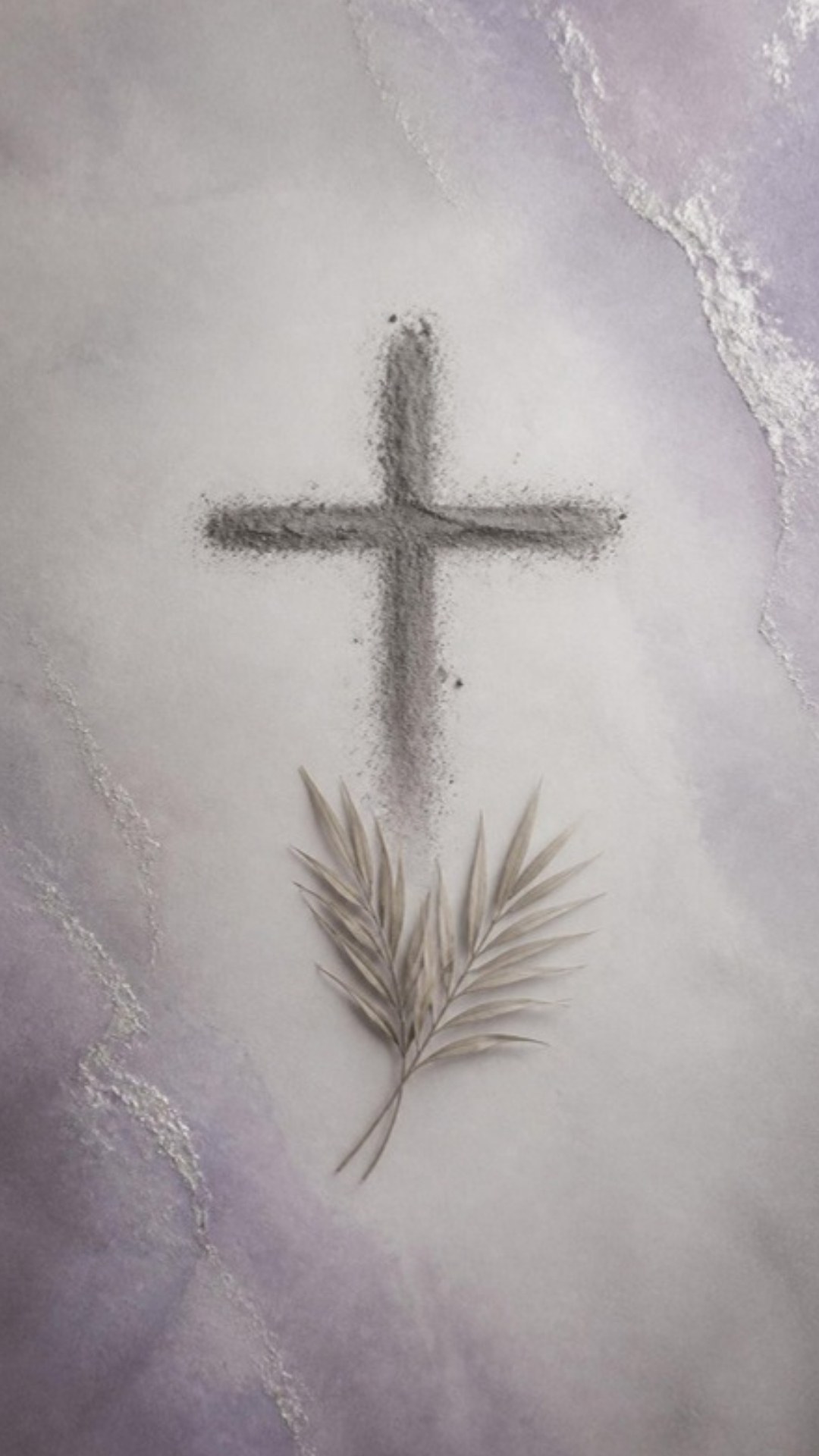 AI-generated illustration: a cross traced in grey ashes above a sprig of dried palm on pearl grey and soft violet. Minimalist design.