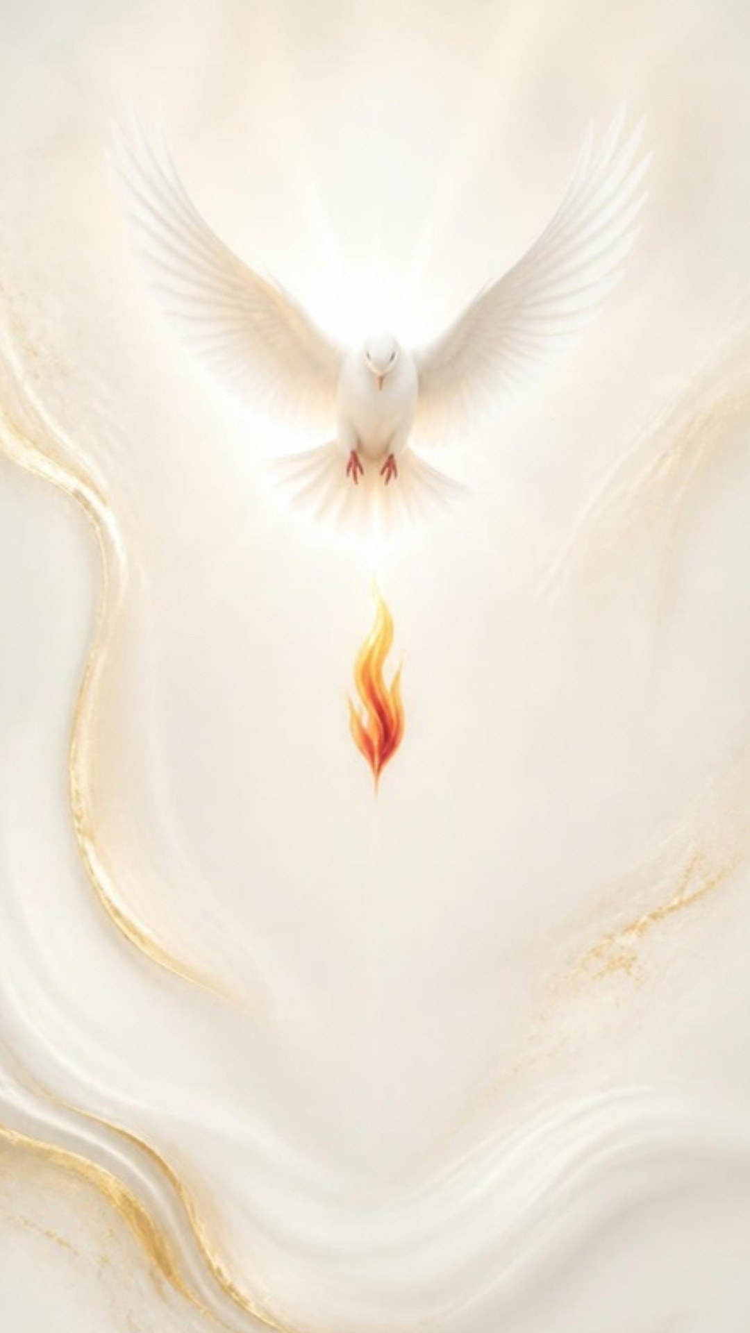 AI-generated illustration: a white dove of the Holy Spirit descending above a single tongue of flame on pearl white with gold. Minimalist design.